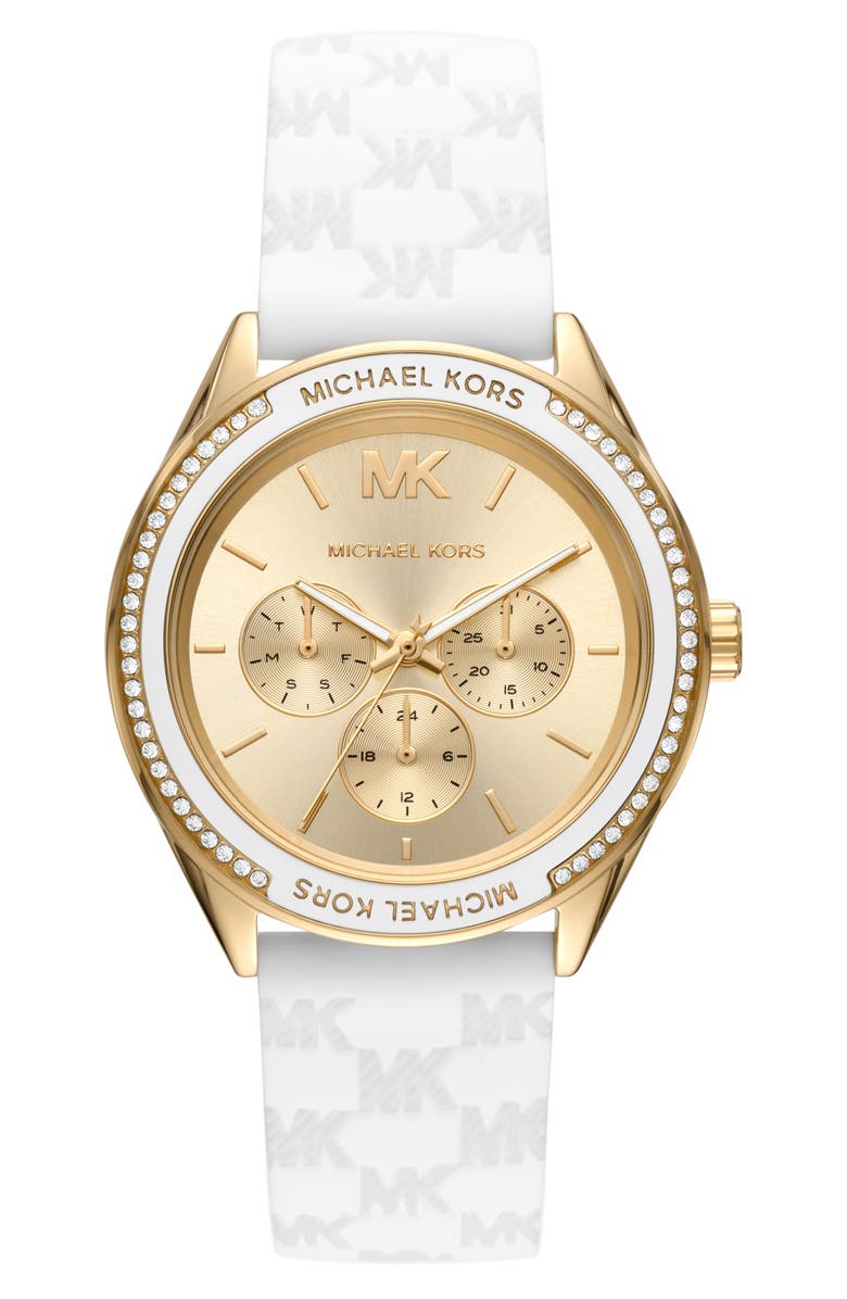 Michael Kors Jessa CZ Embellished Multifunction Silicone Strap Watch, 40mm, Main, color, Gold
