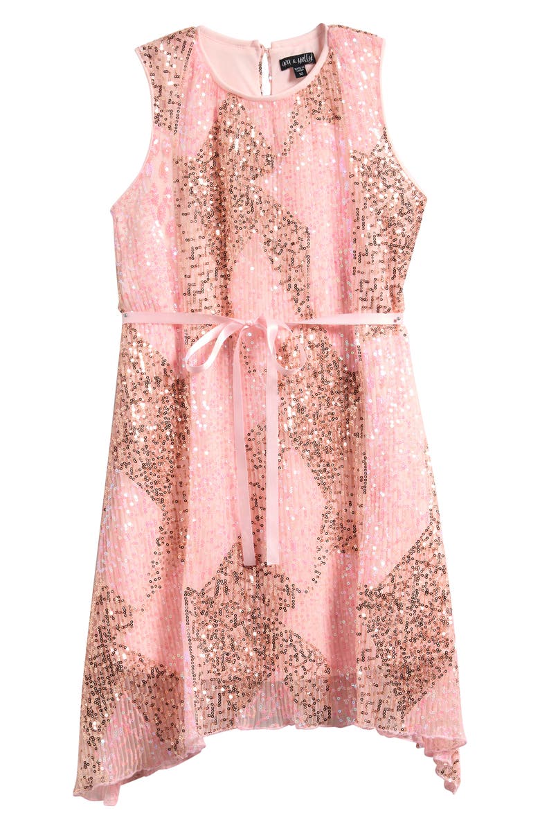 Ava & Yelly Kids' Sequin Shark Bite Hem Party Dress, Main, color, Blush