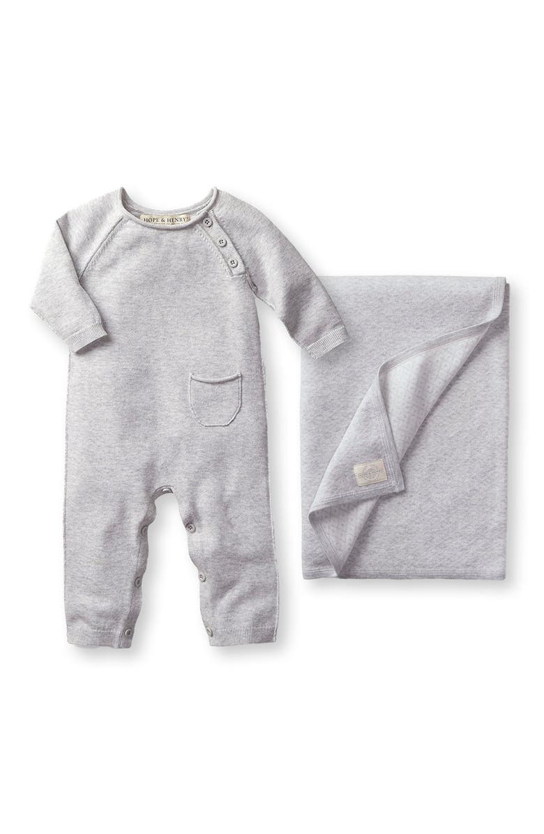 Hope & Henry Baby Raglan Knit Romper & Jacquard Blanket Gift Set, Main, color, 