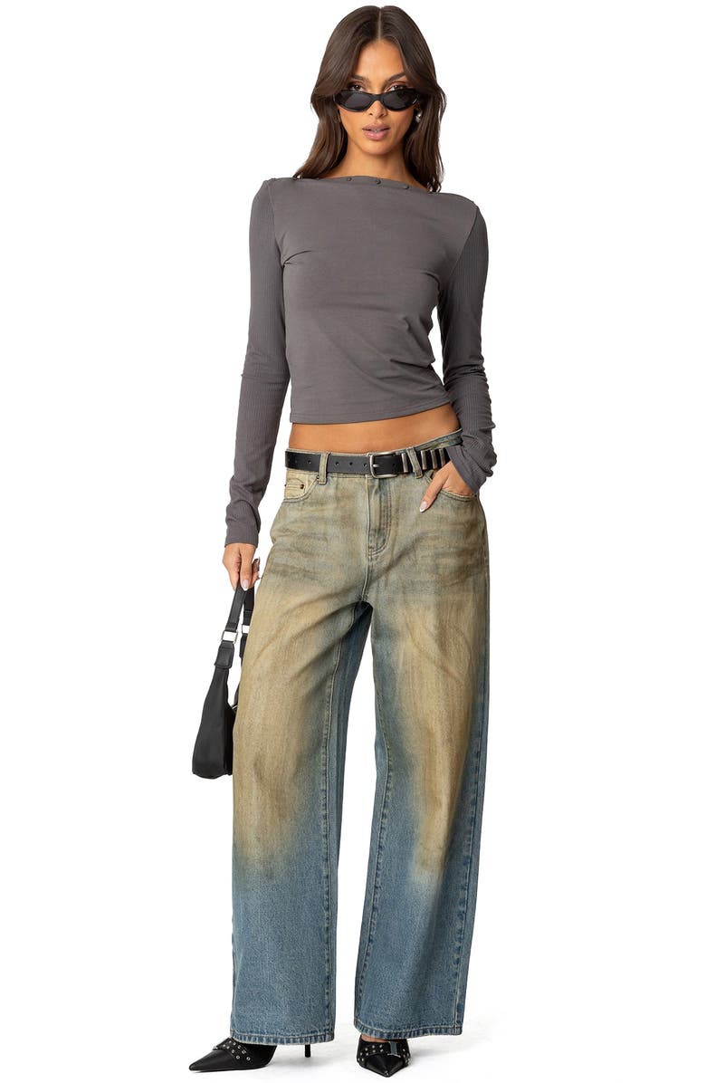 EDIKTED Lake Mixed Media Button Accent Top, Alternate, color, Dark-Gray