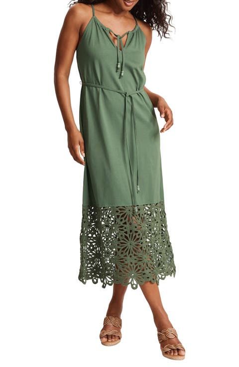 Islandscape Tie Waist Sleeveless Midi Dress