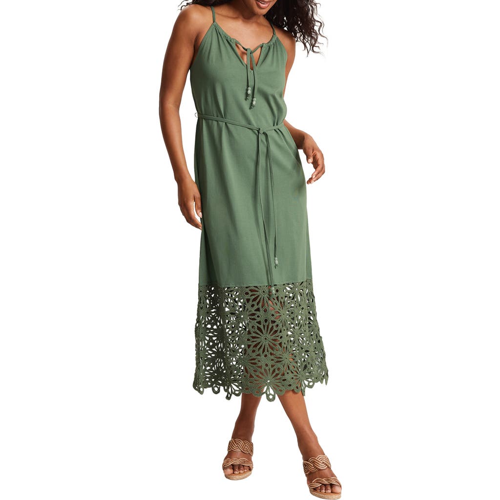 Tommy Bahama Islandscape Tie Waist Sleeveless Midi Dress in Dark Jade at Nordstrom, Size Large