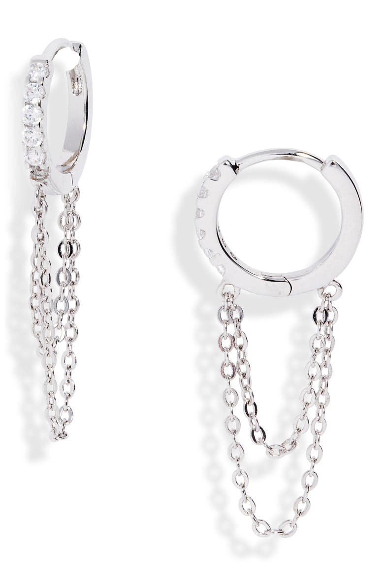 Chain Drop Huggie Hoop Earrings, Main, color, CLEAR- SILVER