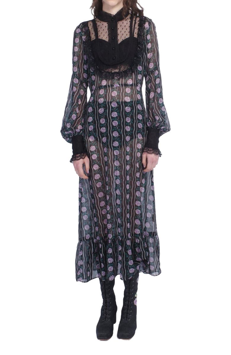 Anna Sui Rosetti Chiffon Victorian Bib Dress, Main, color, Black/Lilac Multi