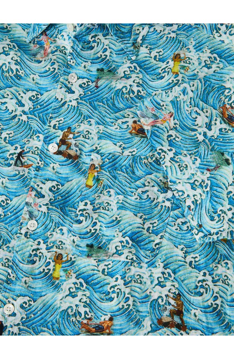 Robert Talbott Morgan Surf Printed Linen Short Sleeve Shirt, Alternate, color, Blue Waves