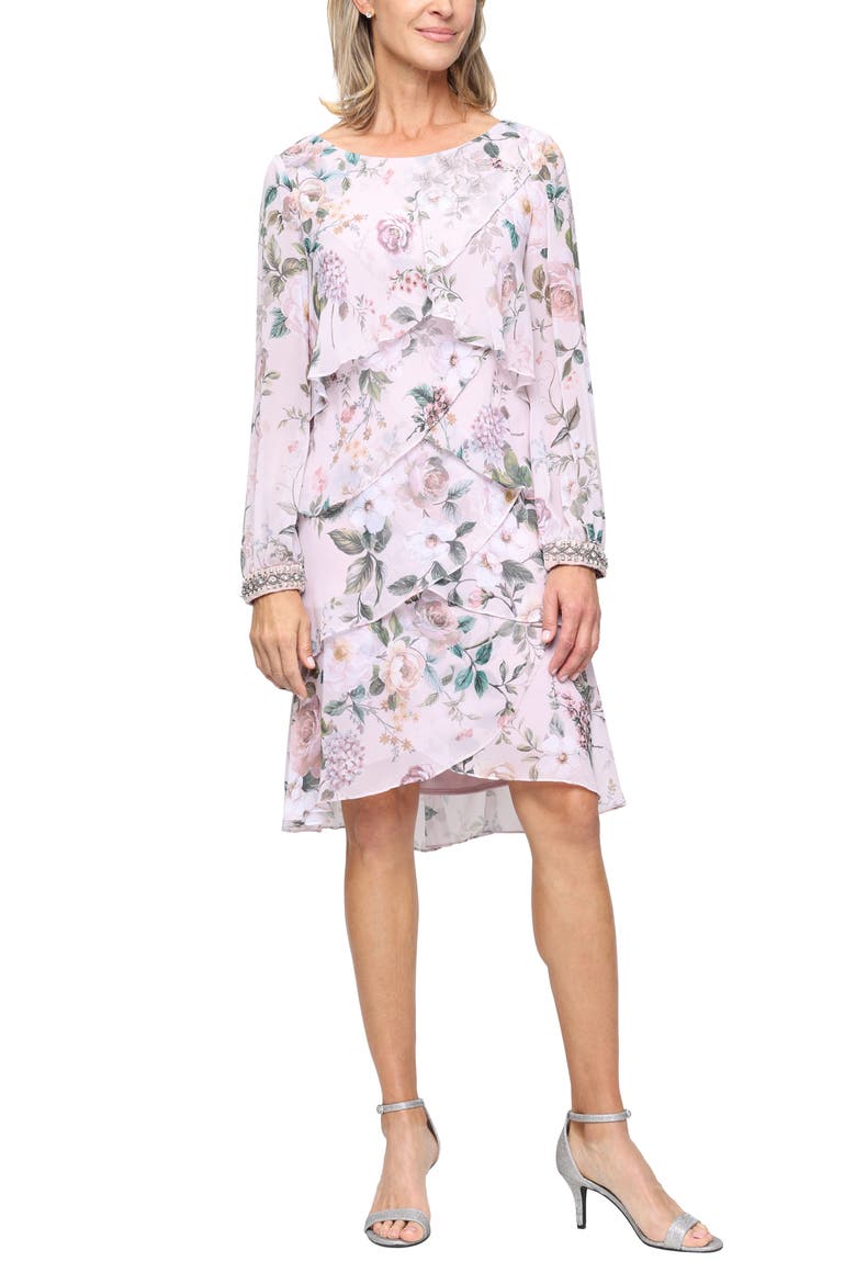 Floral Long Sleeve Tiered Cocktail Dress, Main, color, BLUSH MULTI