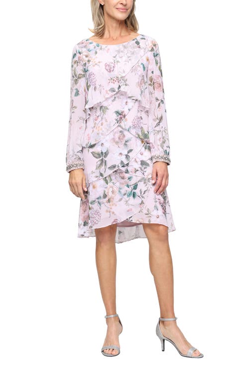 Floral Long Sleeve Tiered Cocktail Dress