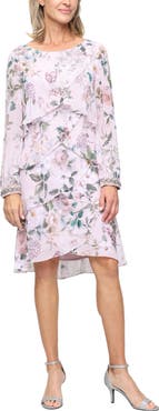 SL FASHIONS Floral Long Sleeve Tiered Cocktail Dress