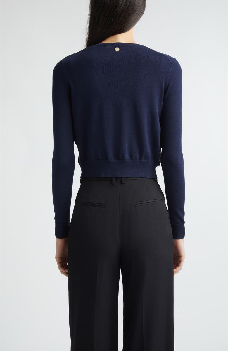 Carolina Herrera Rose Embroidered Appliqué Silk & Cotton Crop Cardigan, Alternate, color, Midnight