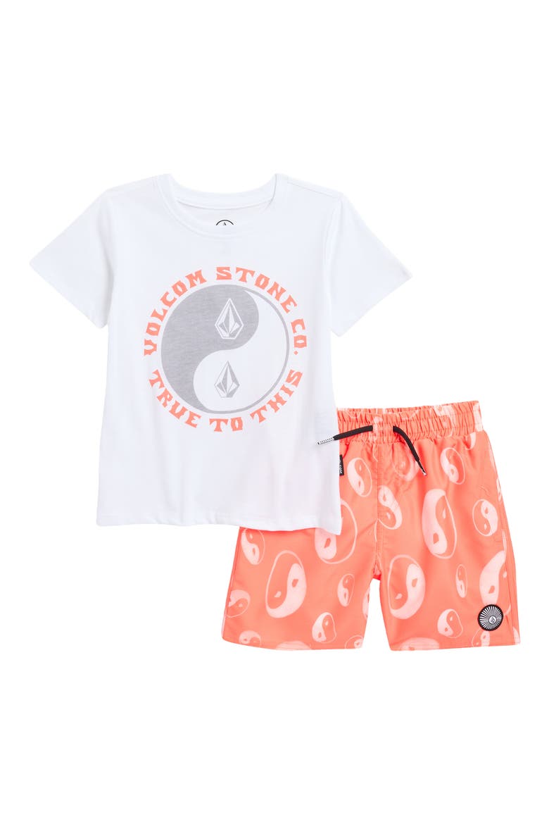 Kids' Jersey Graphic T-Shirt & Swim Shorts Set, Main, color, CORAL CLOUD