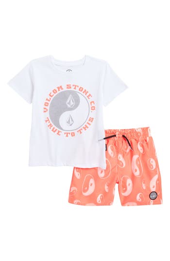 Volcom Kids' Jersey Graphic T-shirt & Swim Shorts Set In Coral Cloud