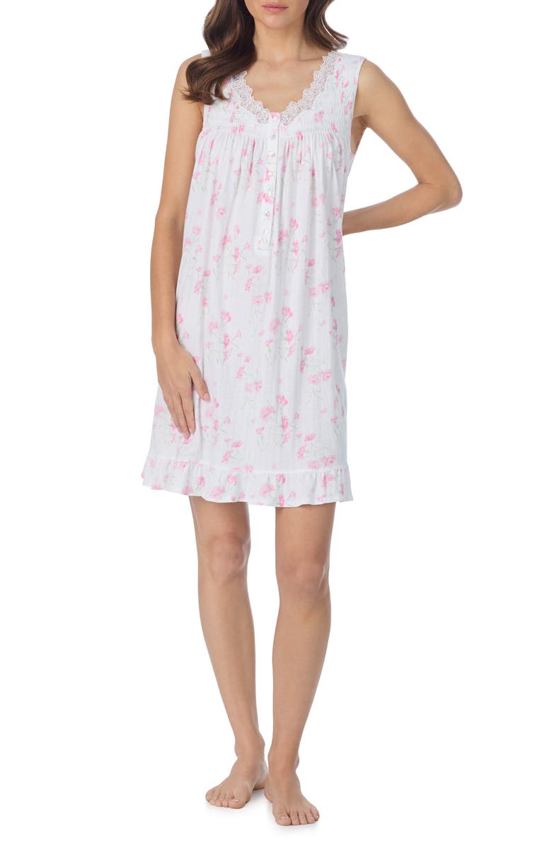 Eileen West Floral Print Cotton Pointelle Chemise, Alternate, color, Wht/ Pink
