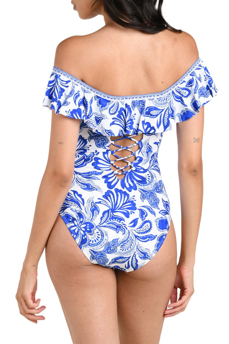 Botanical Brocade Ruffle Off the Shoulder One-Piece Swimsuit, Alternate, color, LAPIS