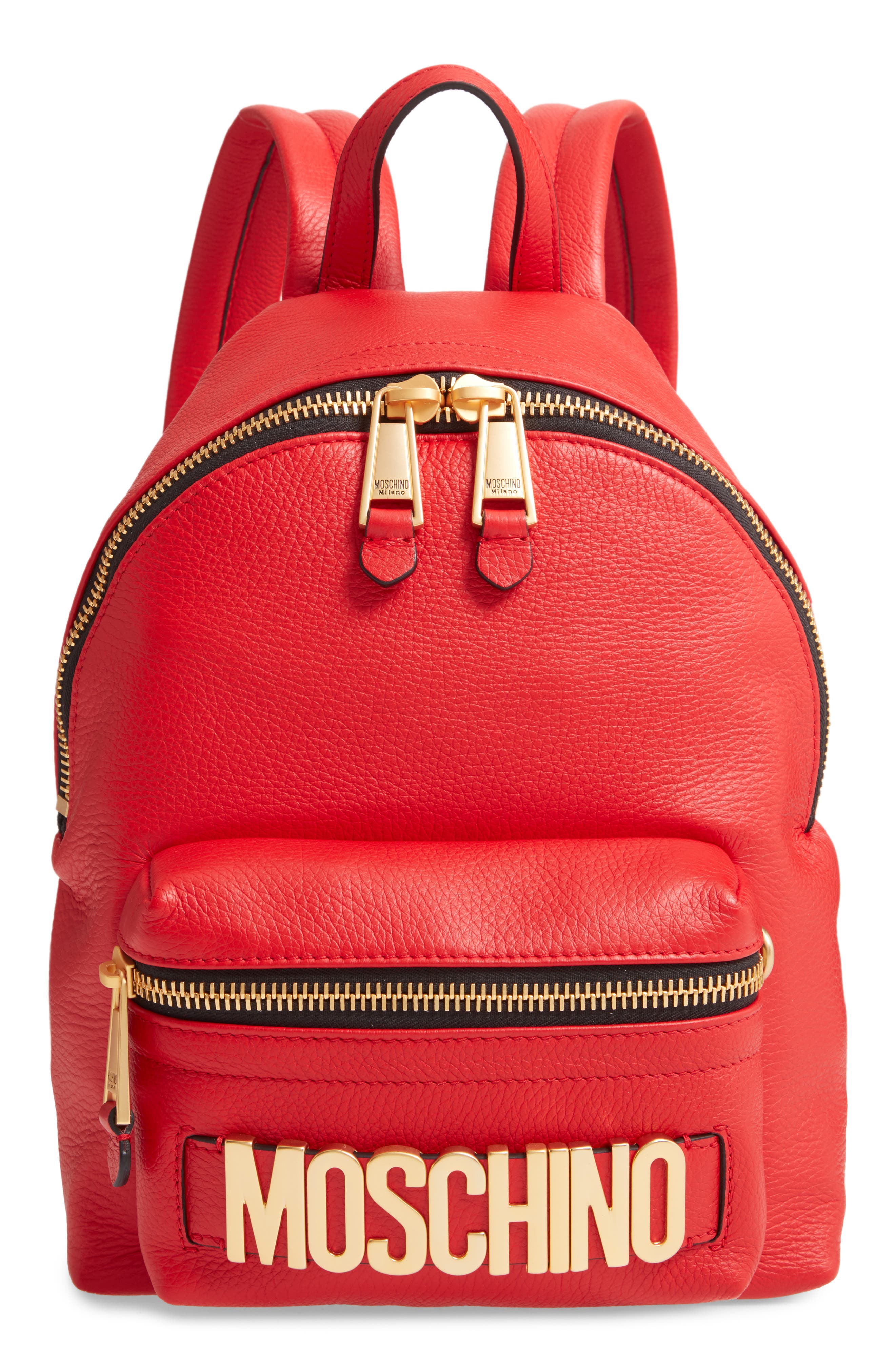 Moschino Logo Leather Backpack, Main, color, 