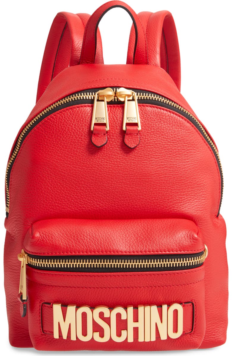 Moschino Logo Leather Backpack, Main, color,