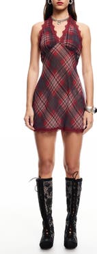 LIONESS Stars Align Plaid Lace Trim Halter Minidress