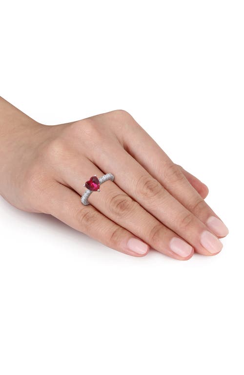 Delmar Sterling Silver Lab Grown White Sapphire & Ruby Heart Ring In Red
