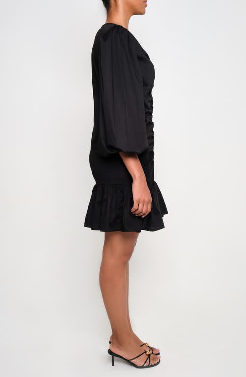 The Lulo Project Fuego Ruched Balloon Sleeve Stretch Cotton Fit & Flare Dress In Black