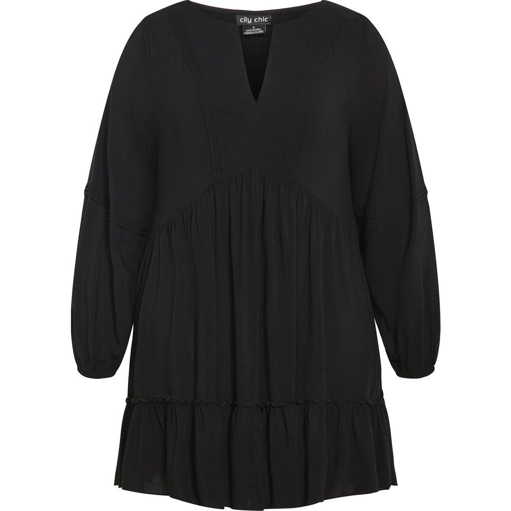 City Chic Mira Long Sleeve Tiered Minidress In Black