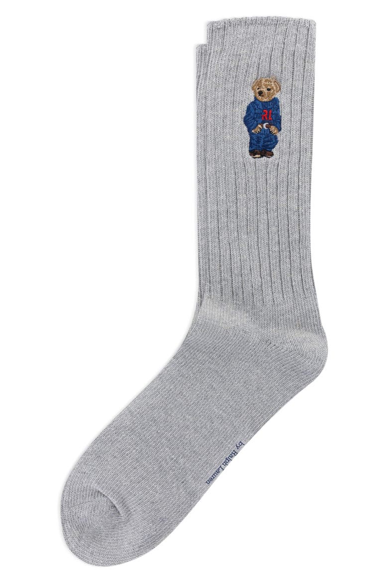 Embroidered Polo Bear Crew Socks, Main, color, GREYH