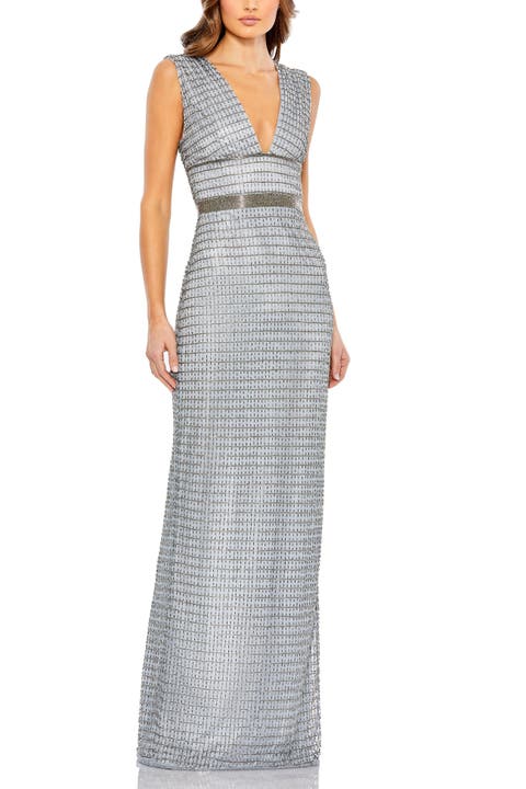 Beaded Cap Sleeve V Neck Column Gown
