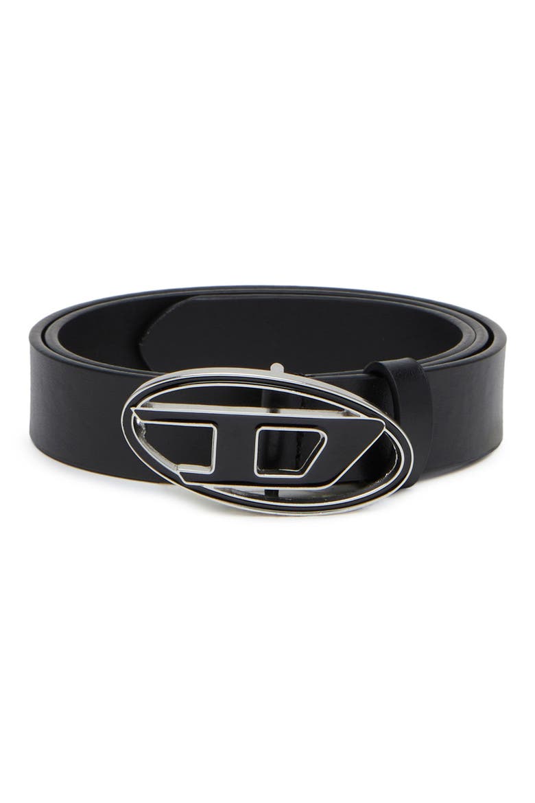 Oval D Buckle Leather Belt, Main, color, BLACK
