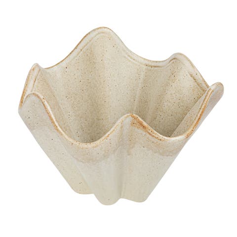 Round Stoneware Ruffled Bowl with Reactive Glaze, Cream