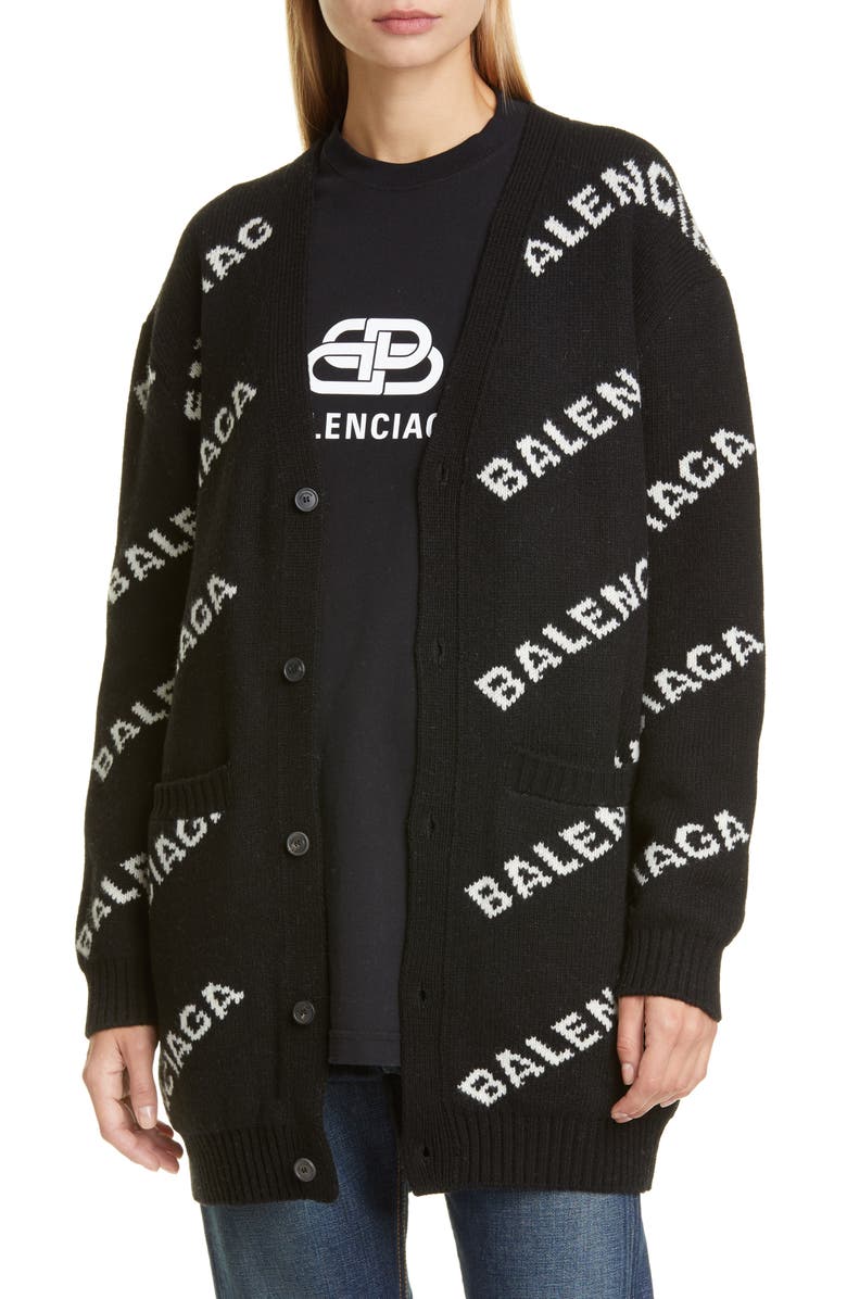 Balenciaga Logo Jacquard Wool Blend Cardigan, Main, color, 