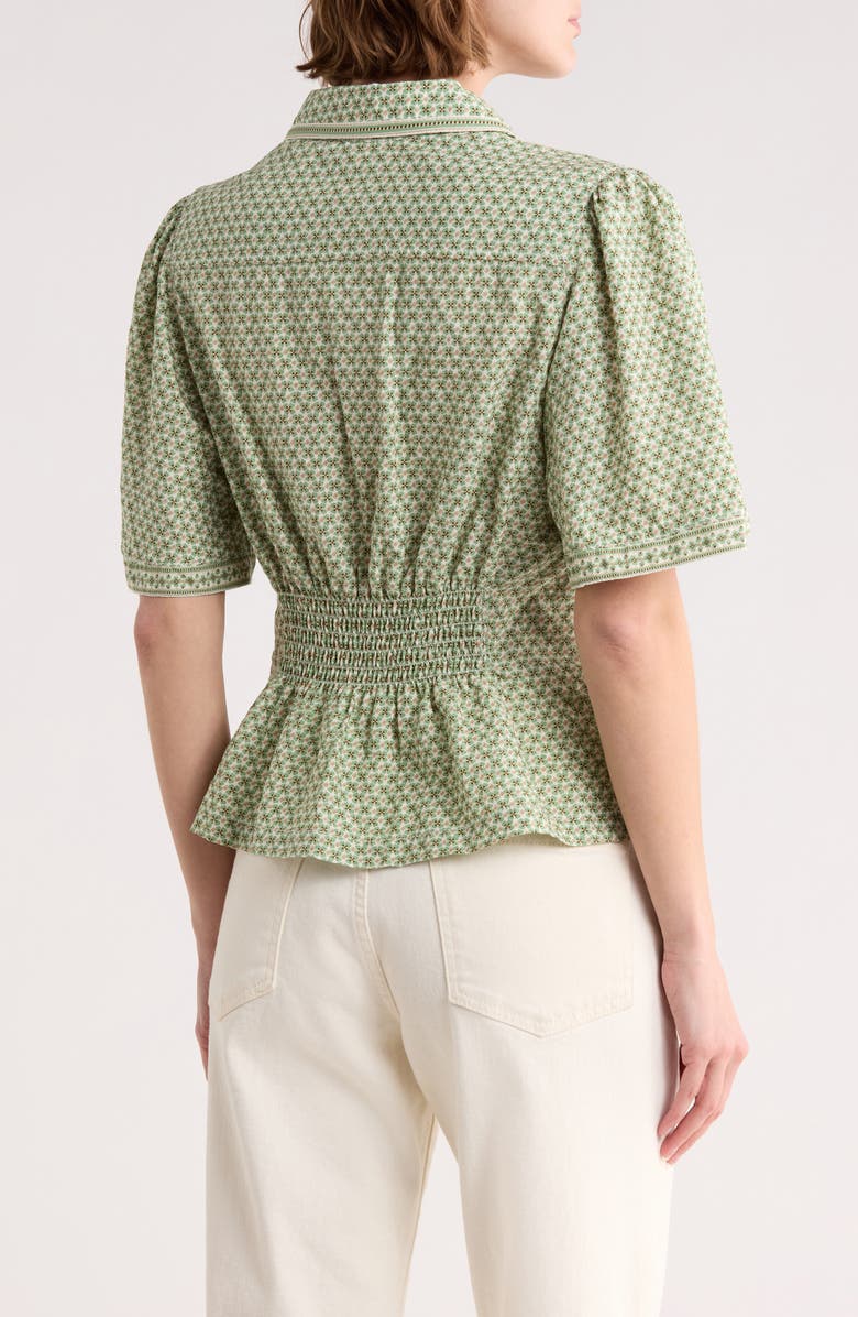 MAX STUDIO Short Sleeve Peplum Button-Up Shirt, Alternate, color, Cream/ Green Four Clovers
