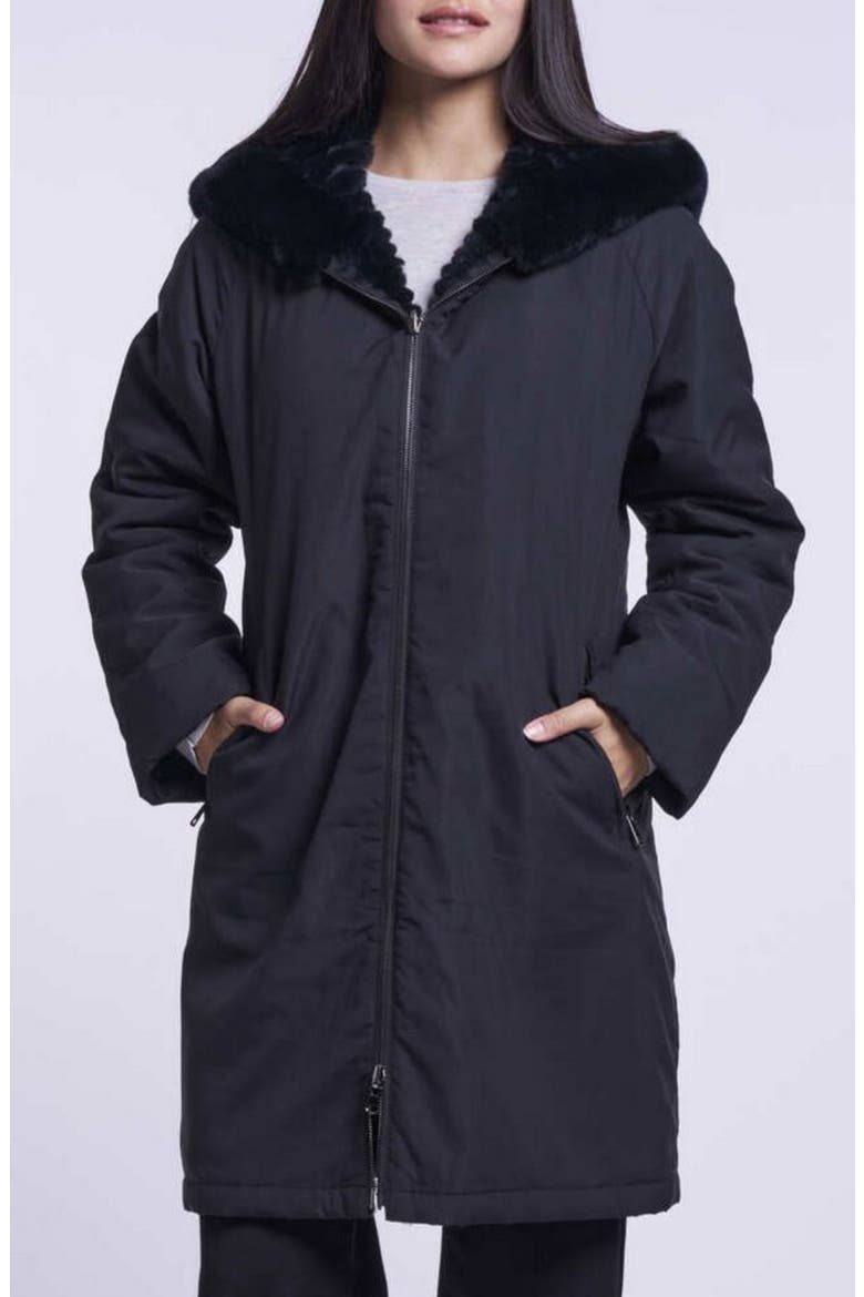 Reversible Genuine Shearling Hooded Coat, Main, color, BLACK