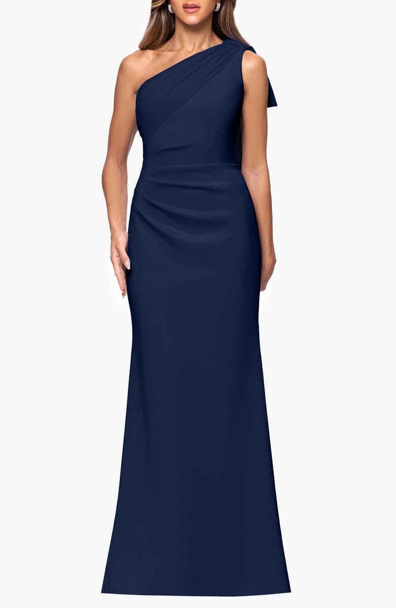 Xscape Evenings Sash Detail One-Shoulder Scuba Crepe Sheath Gown, Main, color, 