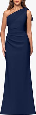 Xscape Evenings Sash Detail One-Shoulder Scuba Crepe Sheath Gown