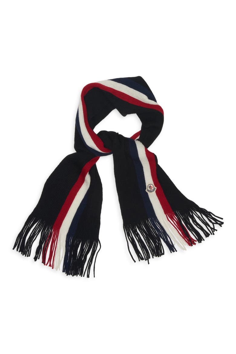Logo Patch Stripe Virgin Wool Fringe Scarf, Alternate, color, BLACK