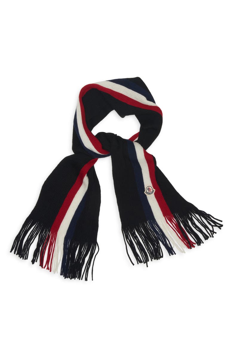 Moncler Logo Patch Stripe Virgin Wool Fringe Scarf, Alternate, color, Black