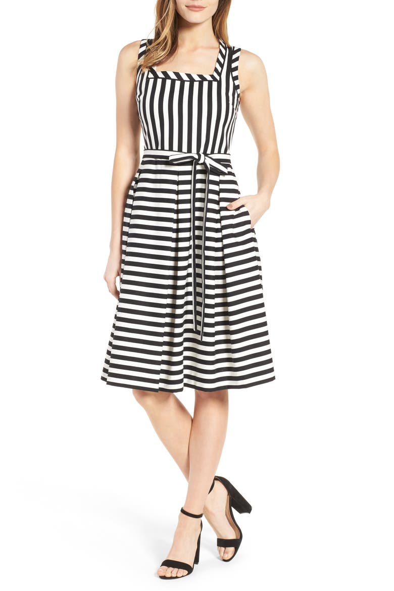 Anne Klein Stripe Fit & Flare Dress, Main, color, BLACK MULTI/ BLACK