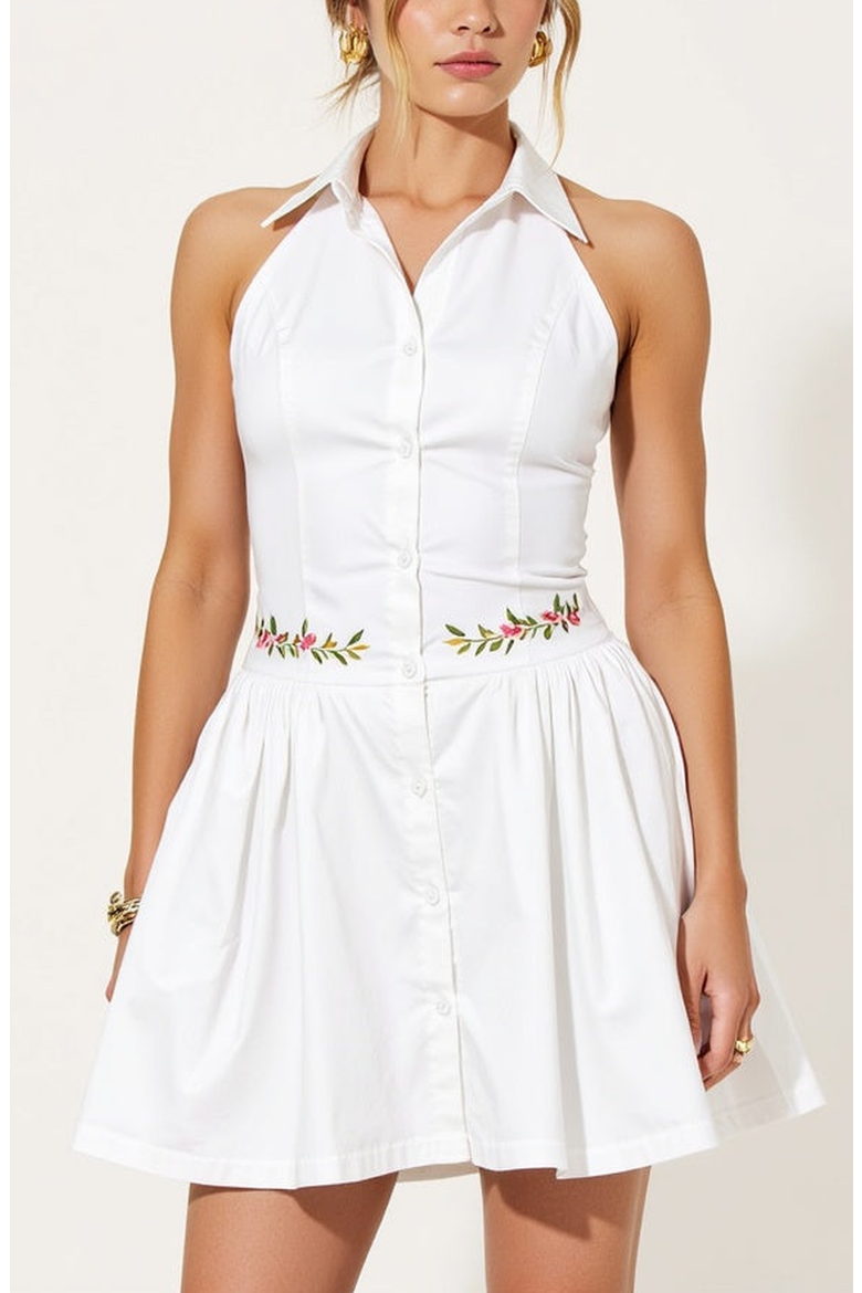 Embroidered Waist Button-Front Halter Mini Dress with Smocked Open Back, Main, color, White