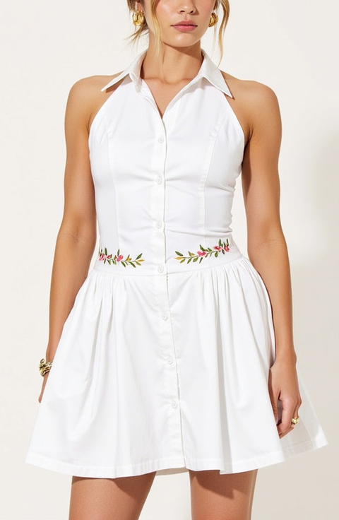 Embroidered Waist Button-Front Halter Mini Dress with Smocked Open Back