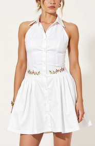 Modenaire Embroidered Waist Button-Front Halter Mini Dress with Smocked Open Back