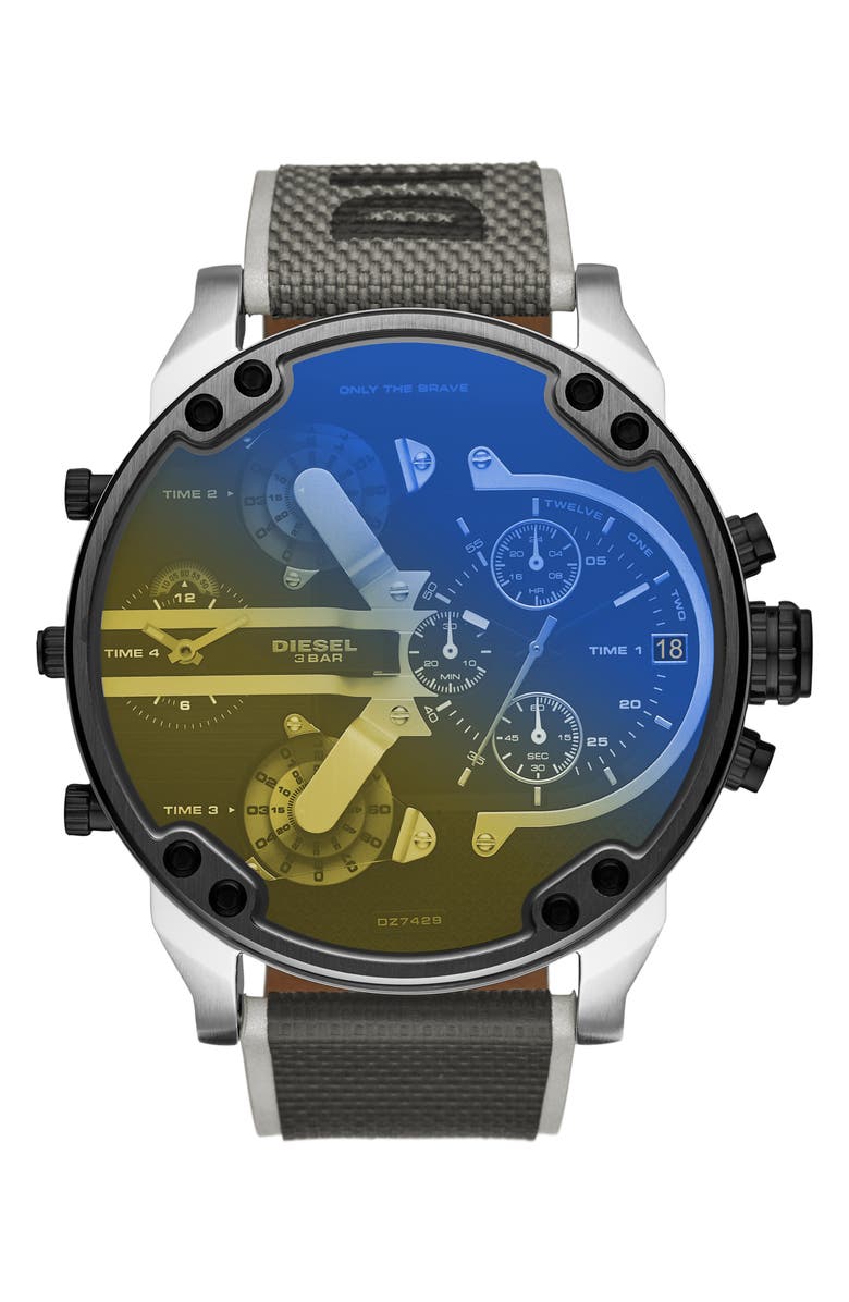 DIESEL<sup>®</sup> Mr. Daddy 2.0 Chronograph Quartz Nylon Strap Watch, 57mm, Main, color, Silver
