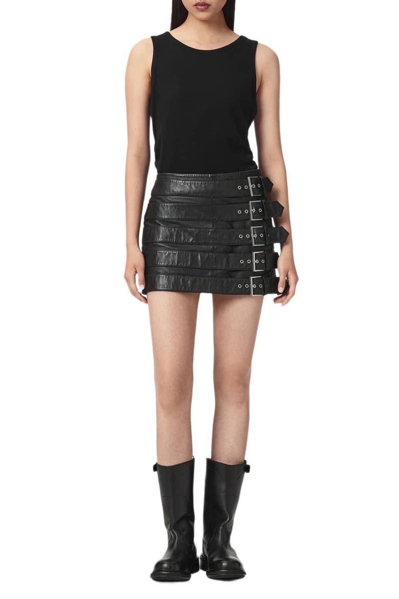 Betty Buckle Leather Miniskirt, Alternate, color, BLACK