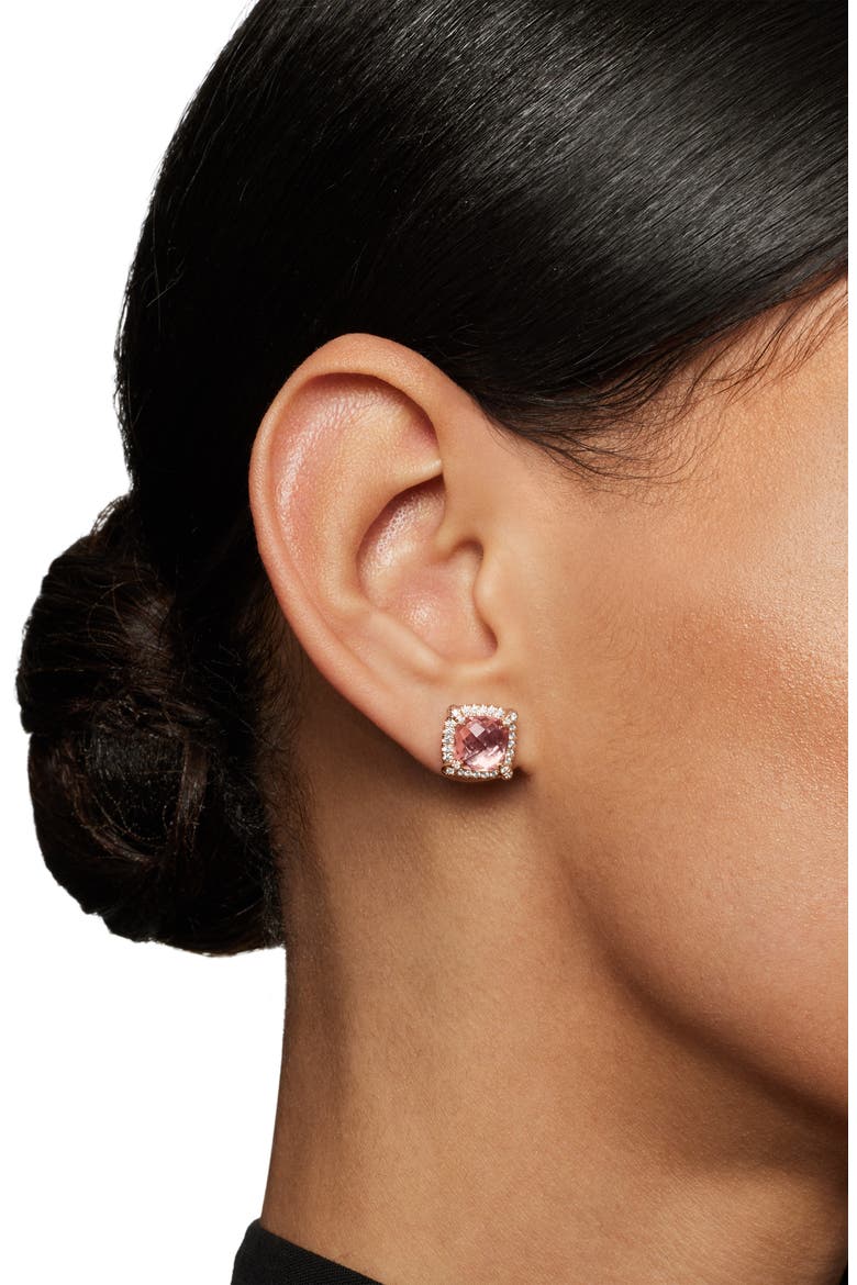 Châtelaine Pavé Bezel Stud Earrings with Morganite and Diamonds in 18K Rose Gold, Alternate, color, ROSE GOLD/ DIAMOND/ MORGANITE