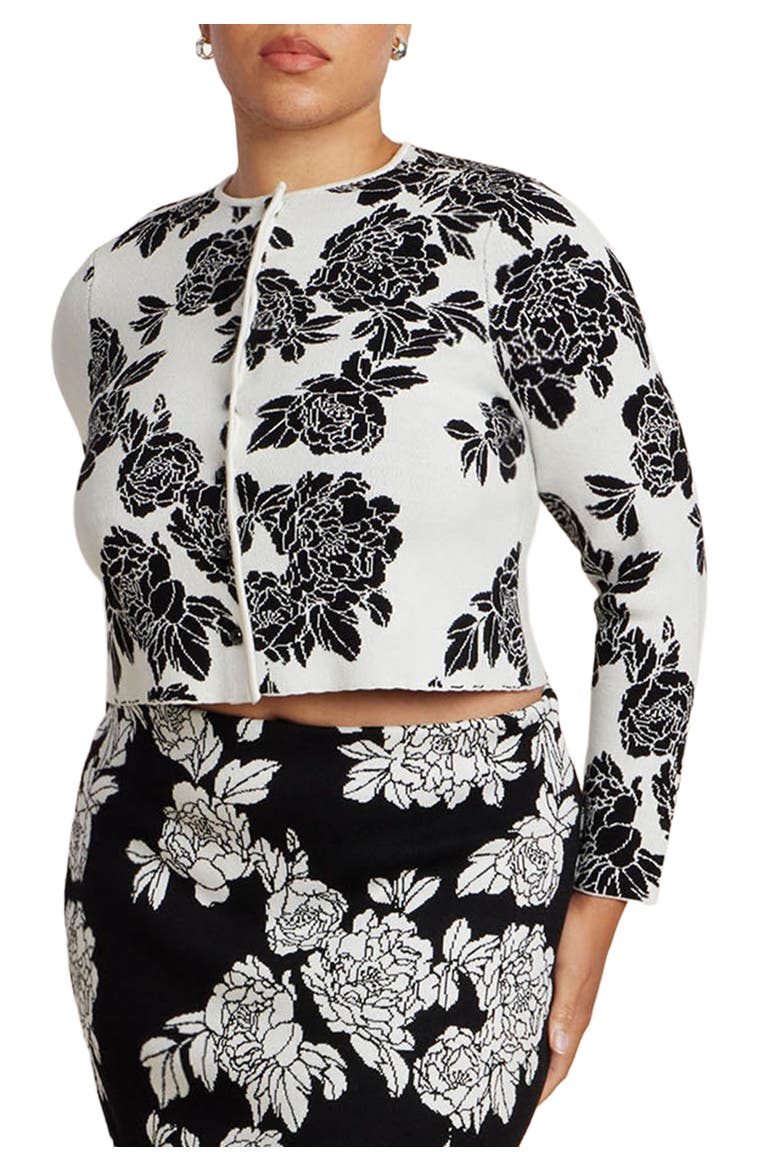 Intarsia Cardigan, Main, color, BLACK WHITE BLOSSOMS