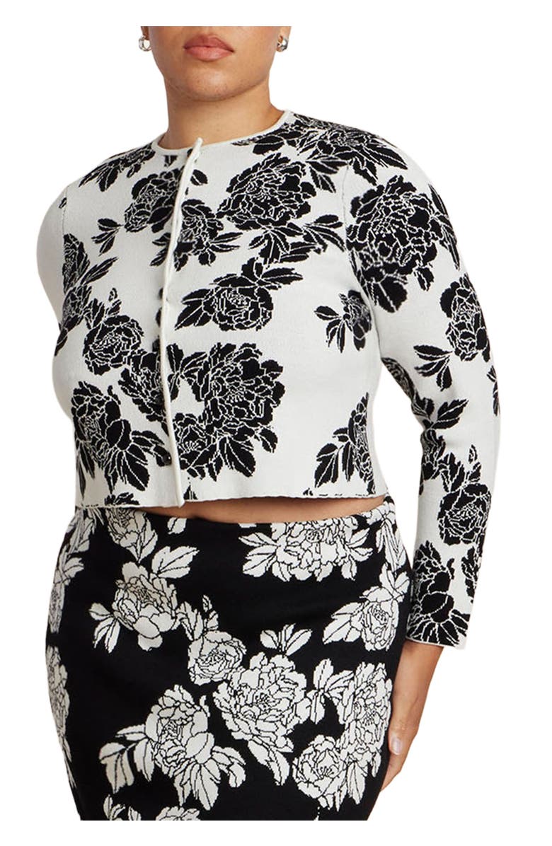 ELOQUII Intarsia Cardigan, Main, color, Black White Blossoms