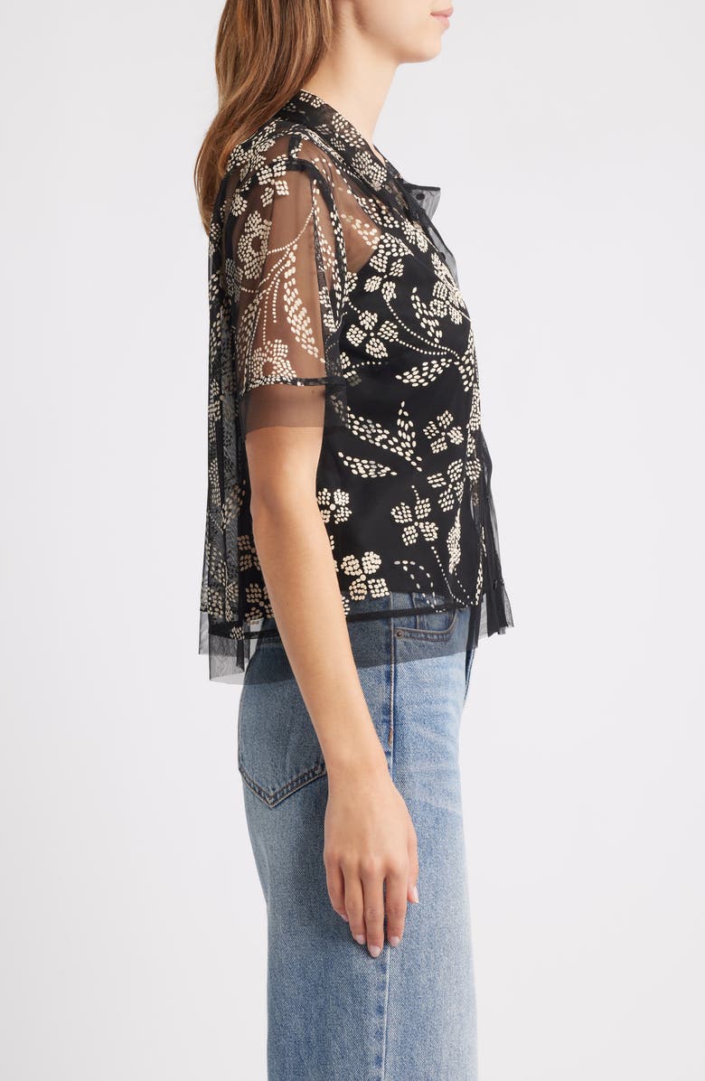 THE GREAT. The Cotillion Embroidered Tulle Short Sleeve Button-Up Shirt, Alternate, color, Brocade Floral