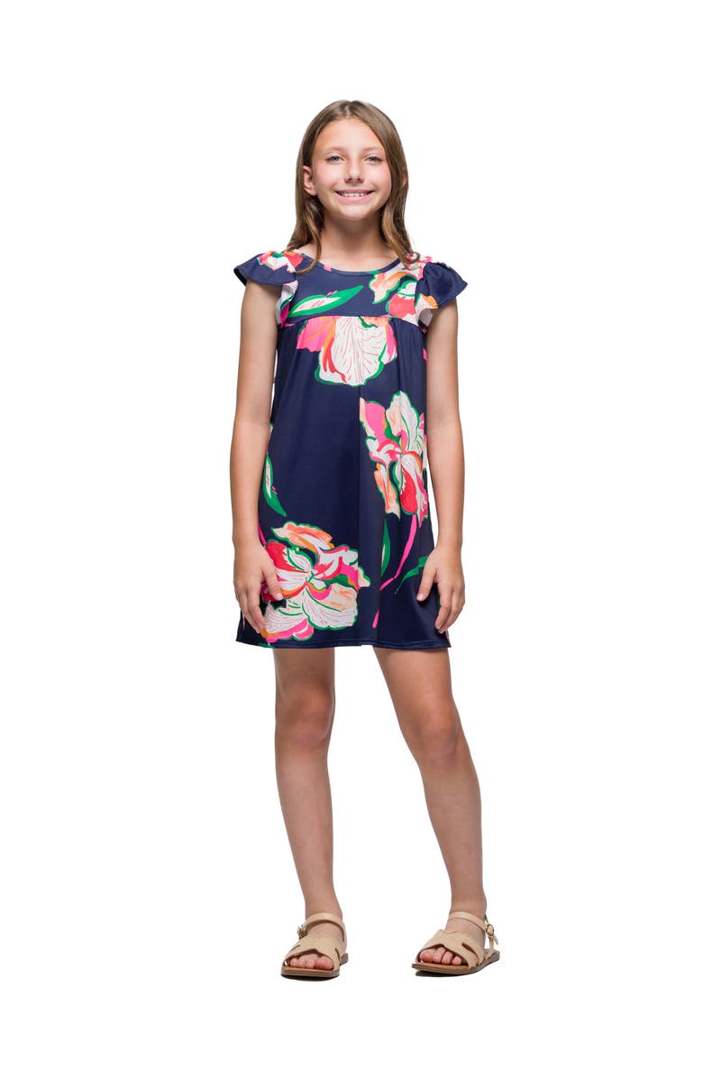 24sevenKid Navy Blue Floral Print Cap Sleeve Babydoll Dress, Main, color, Blue Multi