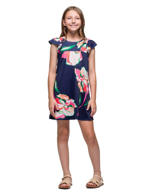 Navy Blue Floral Print Cap Sleeve Babydoll Dress