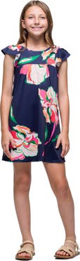 24sevenKid Navy Blue Floral Print Cap Sleeve Babydoll Dress