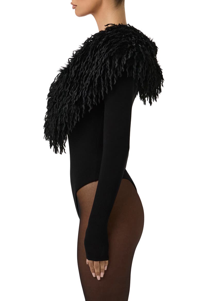 Butter Long Sleeve Bodysuit with Feather Collar, Alternate, color, BLACK