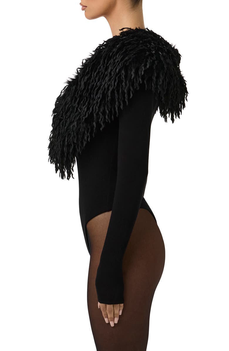 Naked Wardrobe Butter Long Sleeve Bodysuit with Feather Collar, Alternate, color, Black