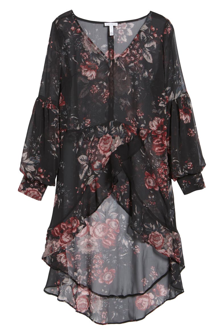High/Low Ruffle Top, Alternate, color, BLACK PHOTO REAL FLORAL